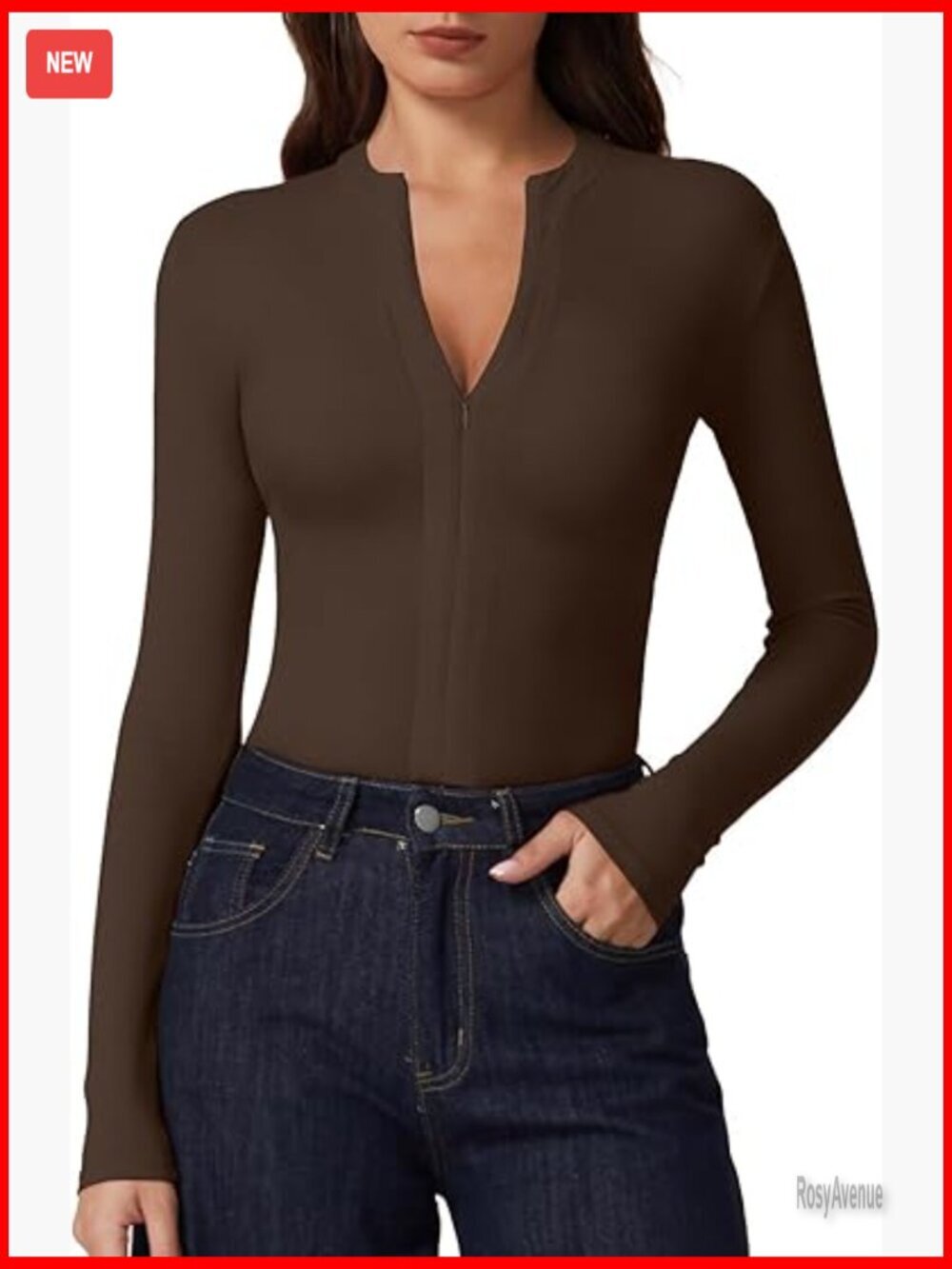 Long Sleeve V Neck Half Zip Ribbed Knit Top Regular Fit Tee